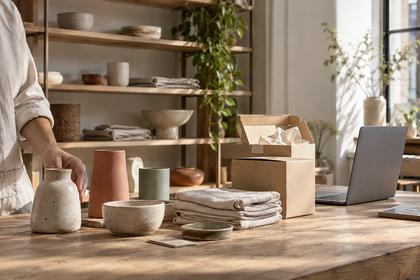 Estudio de diseño preparando productos y paquetes para una tienda online